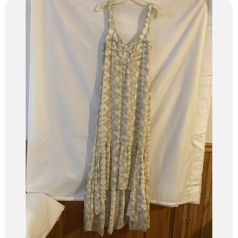 Free People Love Birds Ruffle Smock Back Flowy High Low Maxi Long Dress Sz 8